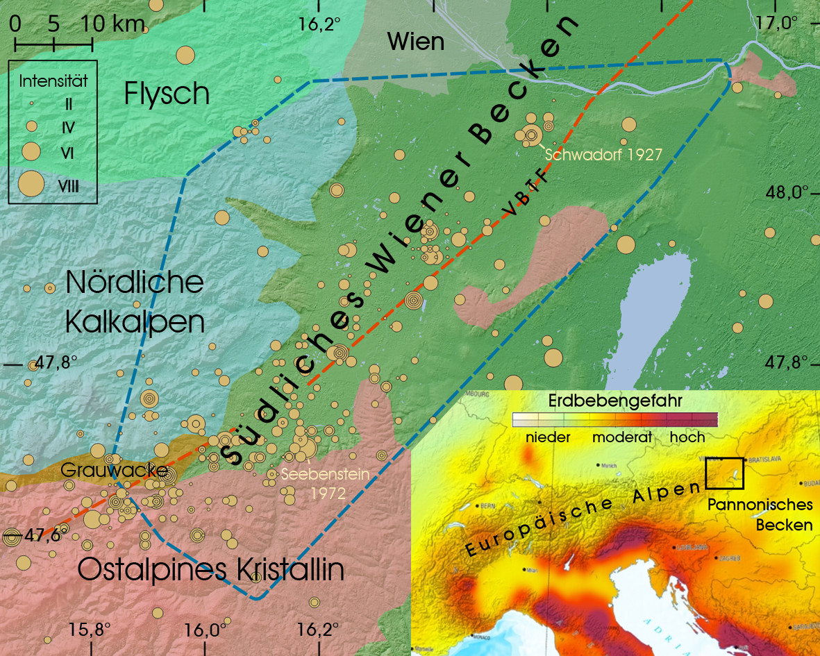 Topographie, Geologie und gefühlte Erdbeben seit 1200 (Datenquelle: ZAMG). Die strichlierte Linie zeigt den Umriss des MSS Netzwerks an. Das Insert im rechten unteren Eck zeigt die seismische Gefährdung im Großraum Österreich.